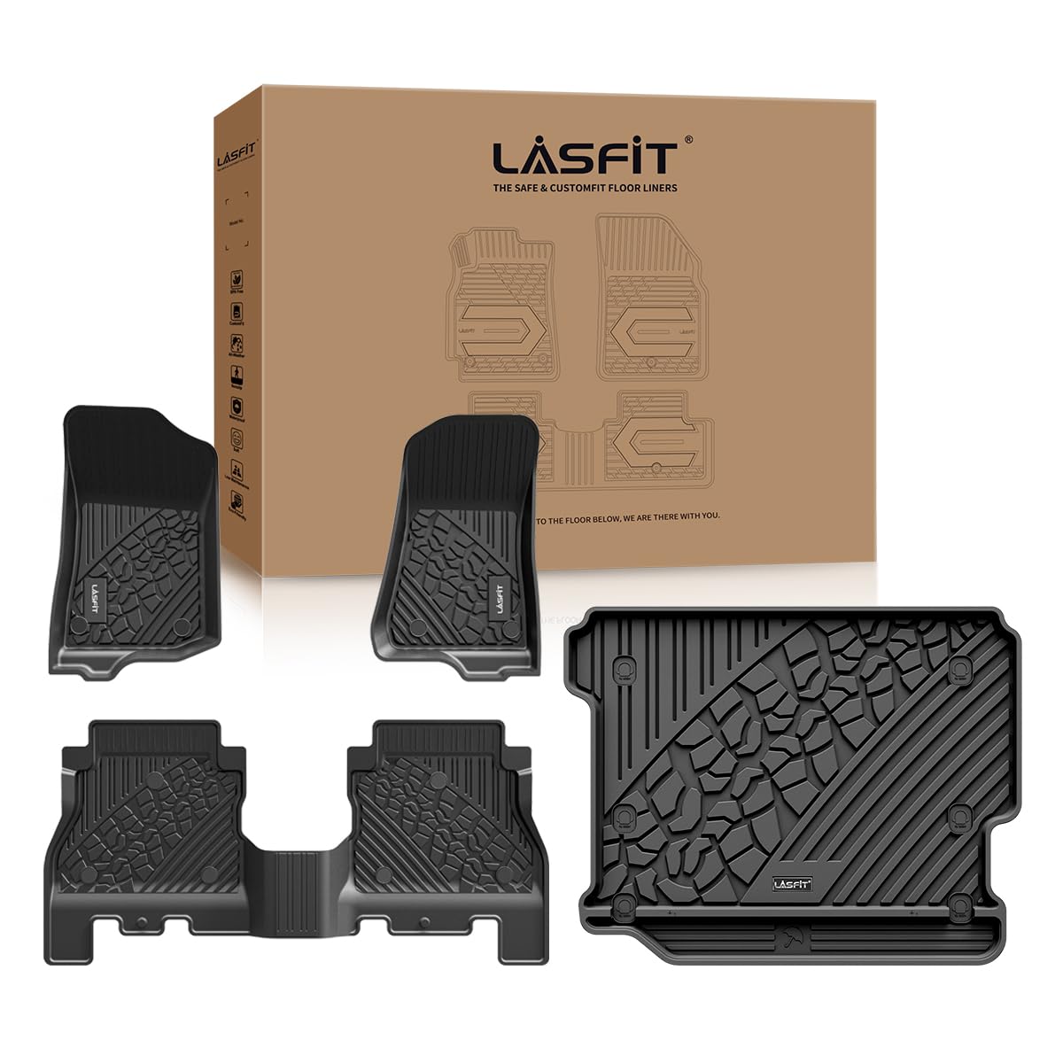 LASFIT Floor Mats & Trunk Mat for Jeep Wrangler JL 2018-2025 with Flat Load Floor Without Subwoofer Unlimited 4 Door (Not Fit for JK or 4XE) All Weather TPE Custom Fit Floor Liners Cargo Mat Black