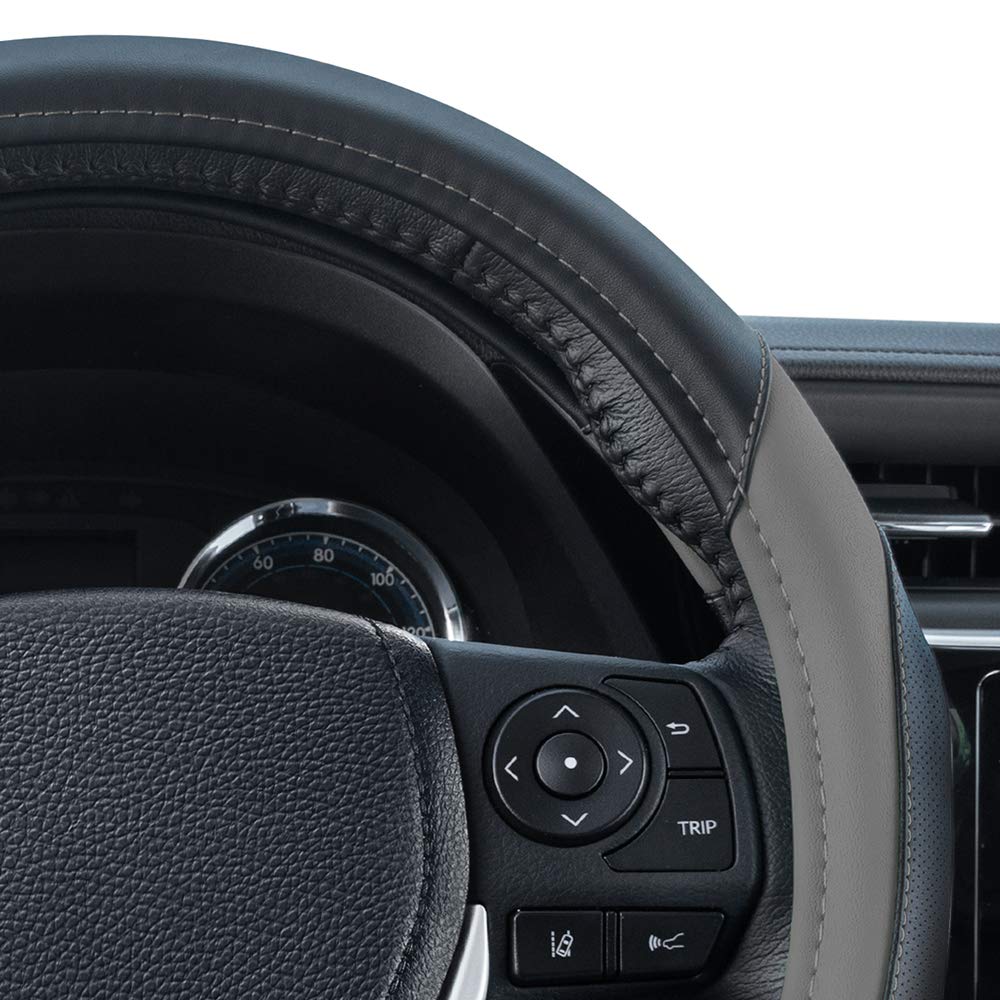 Motor Trend Sportdrive Faux Leather Steering Wheel Cover, Standard 15 Inch Size, Two-Tone Black & Light Gray, Car Steering Wheel