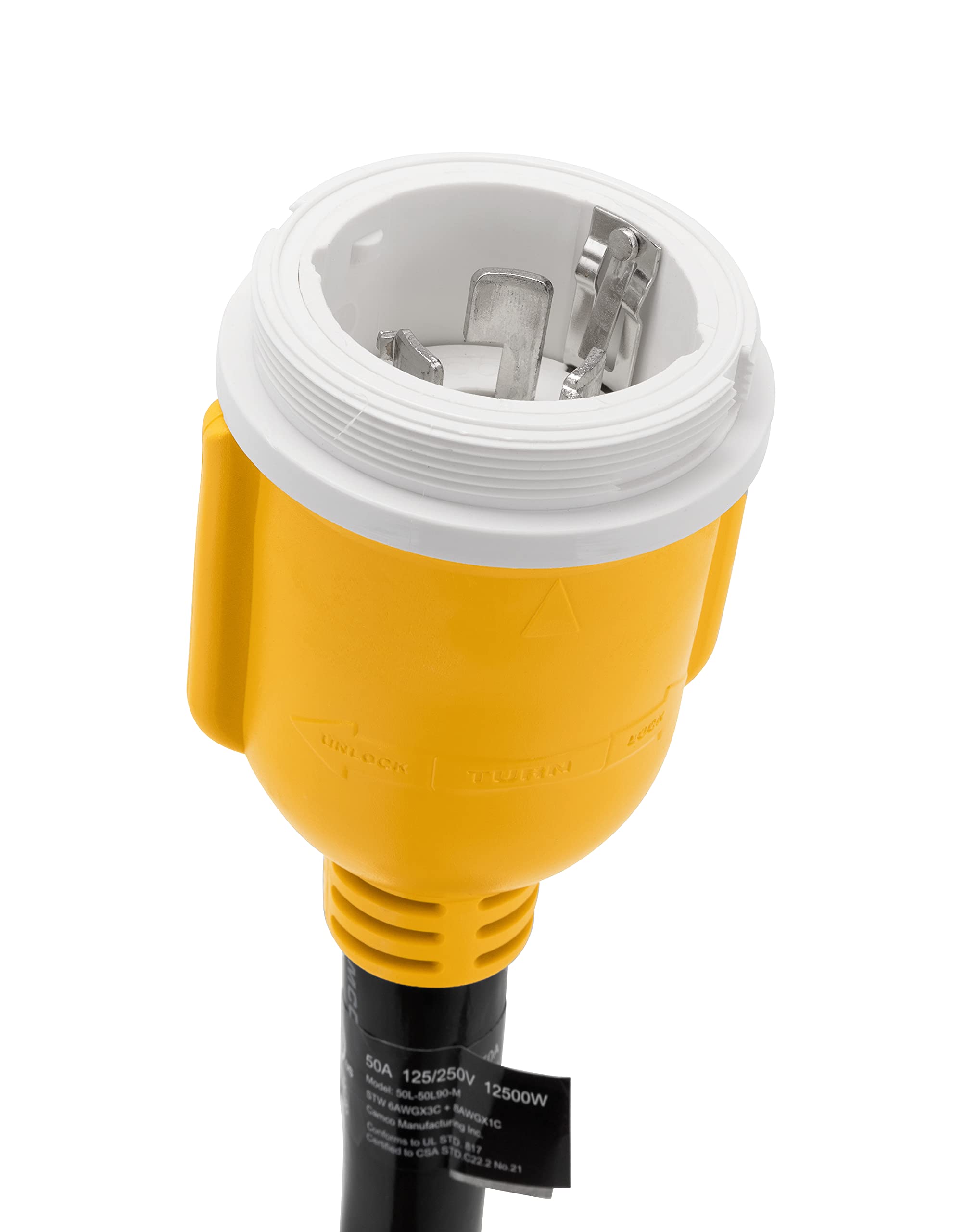 Camco Power Grip 18' Dogbone Extension Cord Adapter With 50-Amp Power Locking Male And 50-Amp 90-Degree Locking Female Ends For Electrical Connection