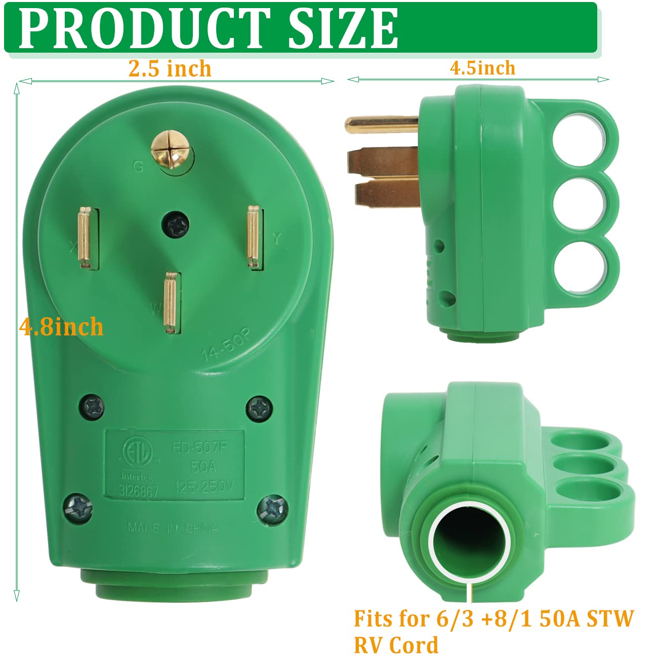 50 Amp Rv Male And Female Plug Set 14-50P/50R Receptacle Rv Electrical Campers Plug Replacement For Rv, Camper, Caravan Green