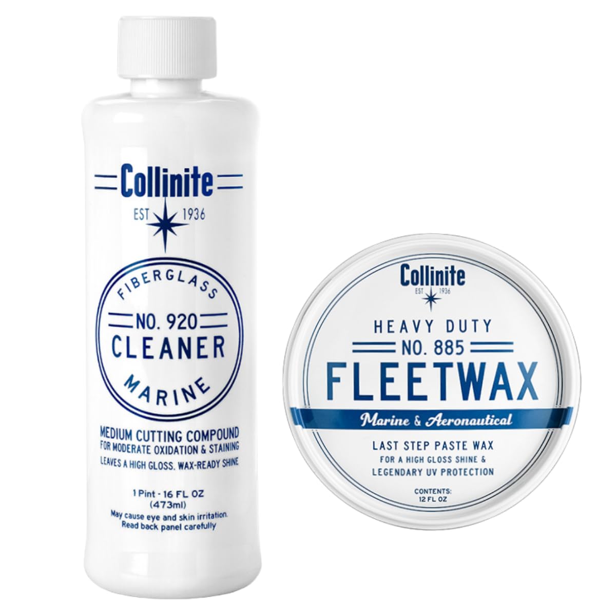 Collinite 920 Fiberglass Cleaner and 885 Paste Wax Combo Water Spot & Oxidation Remover Preps Surface Fast for Wax Protection.