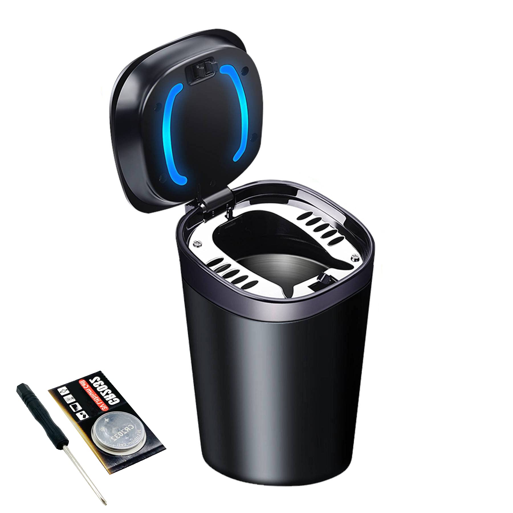 Car Ashtray With Lid Smell Proof, Smokeless Ashtray, Mini Car Trash Can, Detachable Stainless Steel Ash Tray With Lid And Led Bl
