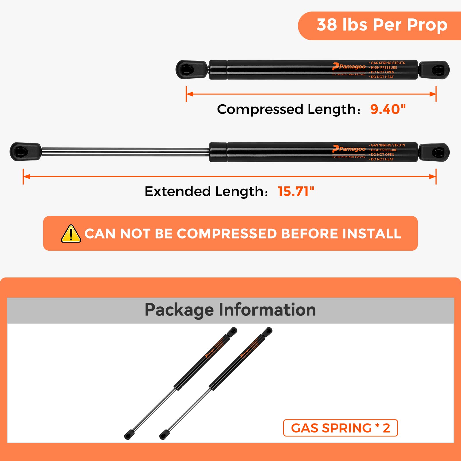 C1609209 16 Inch 38 Lbs Gas Struts 15.7'' Spring Shocks For A.R.E Leer Topper Rear Window Camper Shell Truck Cap Snugtop Replace