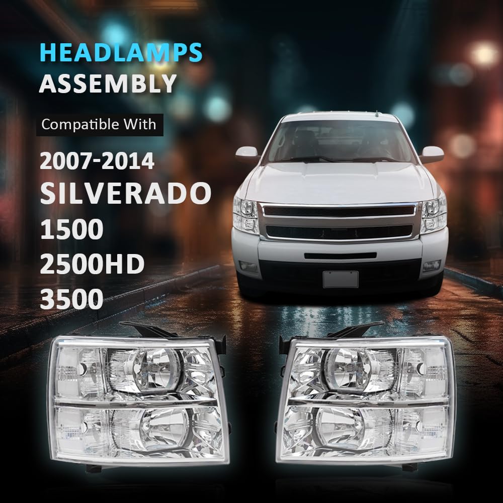 Cheda Headlights Assembly, Compatible With 2007-2013 Chevy Silverado 1500 2500 3500 & Hd Models Chrome Housing Headlight Lamp(Cl