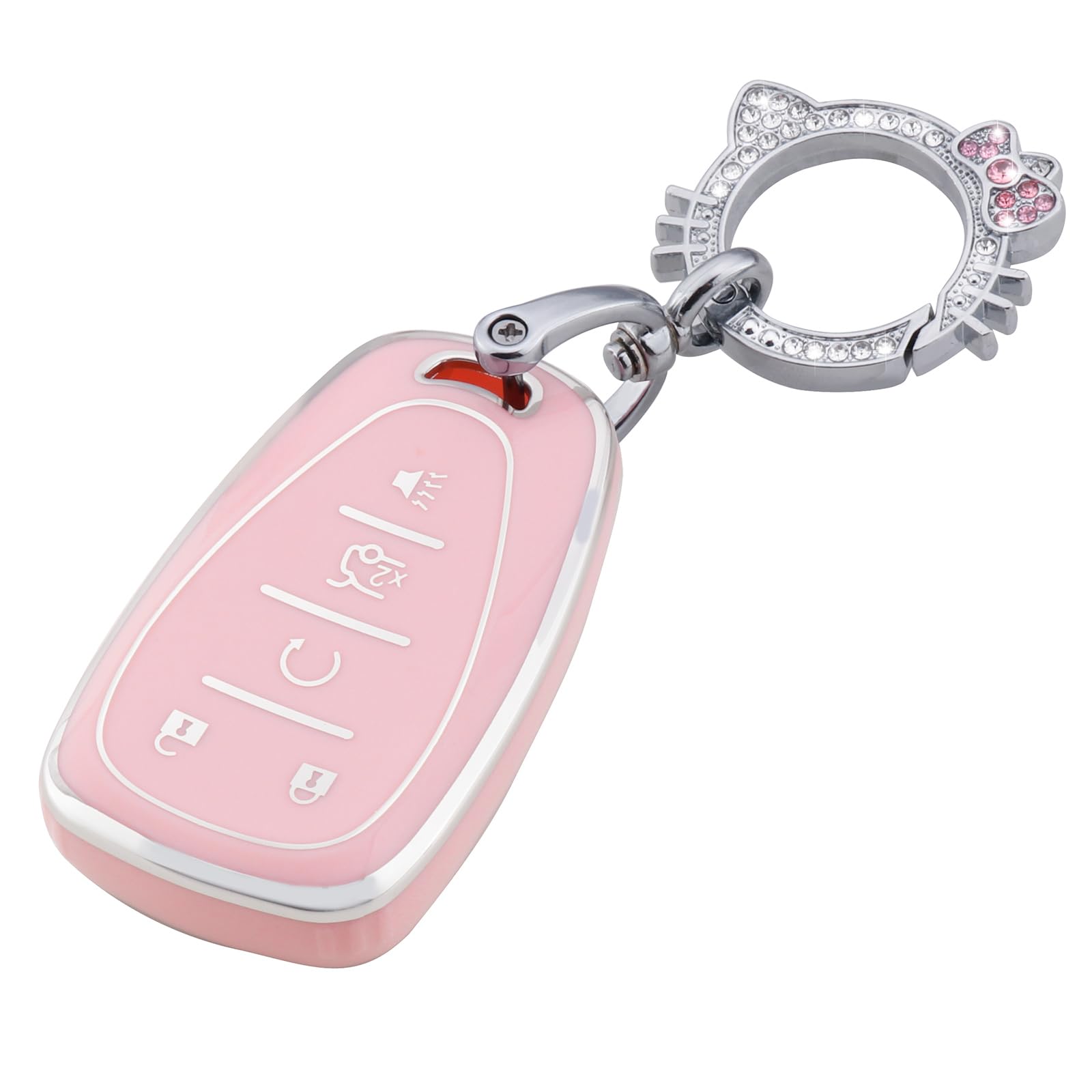 Pangpai Pink Key Fob Cover for Chevy, Soft TPU Key Case Protection with Bling Keychain Fit for Chevrolet Equinox Malibu Camaro T