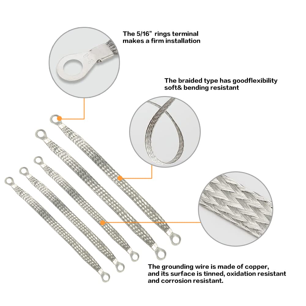 Universal Flat Braided Copper Ground Strap,Professional Vehicle Grounding Cable Straps with Terminals Plugs,Tinplate Silver Colo