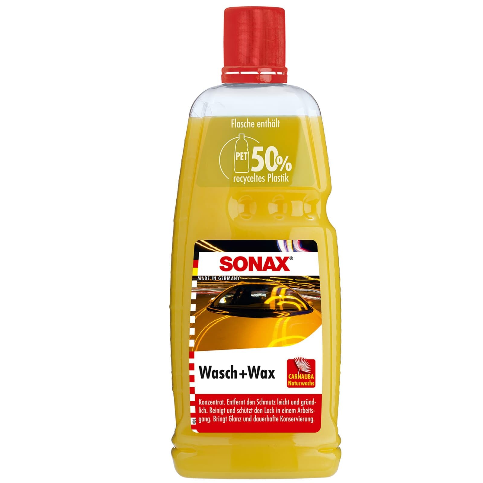 Sonax Wash+Wax 1 Ltr | Dual Action Car Shampoo Cleaner & Protector | Cleans & Shields Paintwork Natural Carnauba Wax | Long-Last