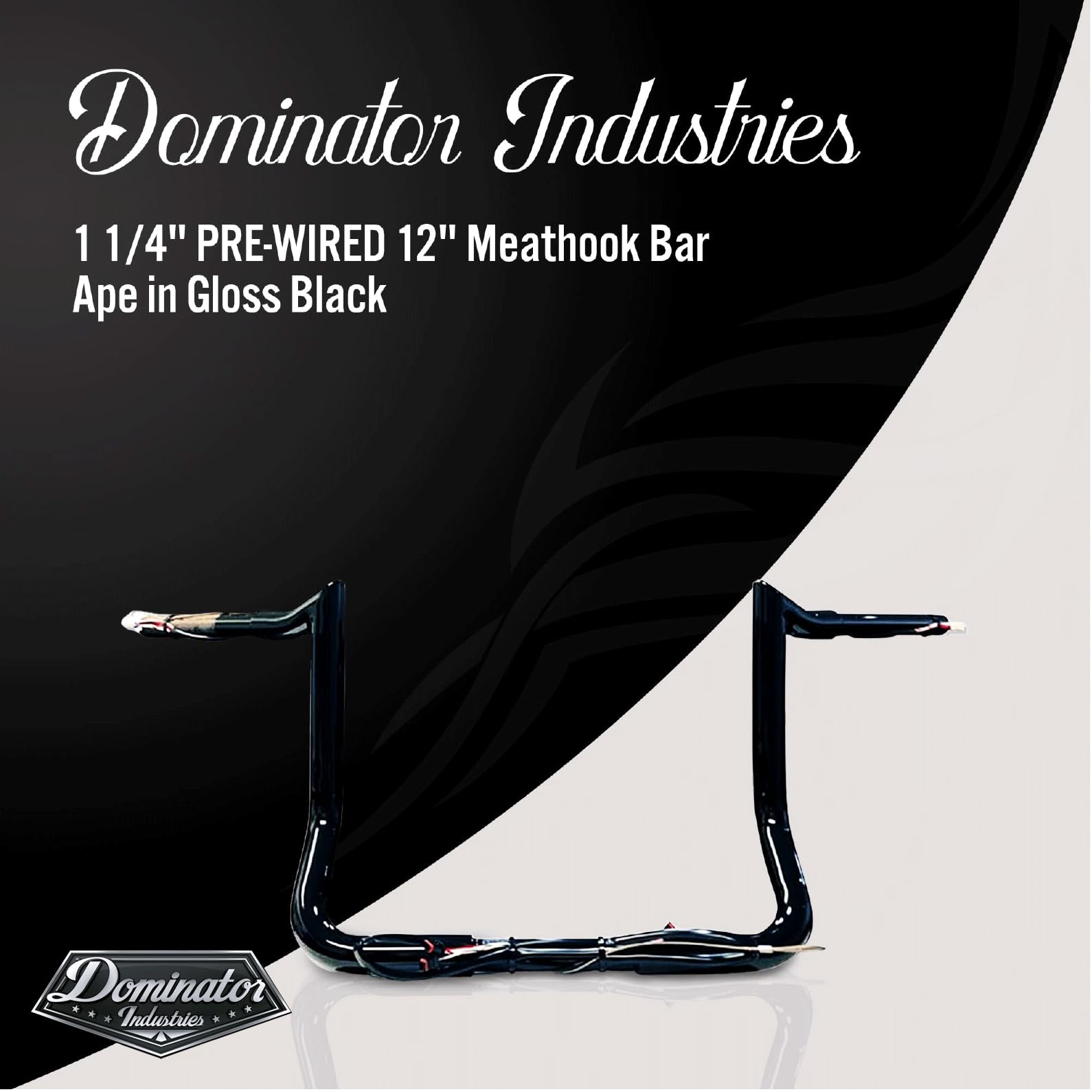 Dominator Industries 1 1/4' Pre-Wired 12' Meathook Bar Ape Hangers Handlebars For 2014-2023 Harley-Davidson Bagger Touring Electra & Street Glide, Special, Ultra Limited, Low (Gloss Black)