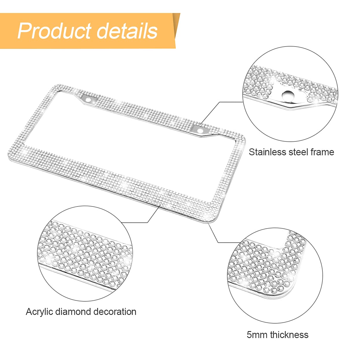 Bling Car License Plate Frame, Handcrafted Crystal Stainless Steel License Plate Frame, Sparkly, Durable, Universal Fit, Car Accessories For Girls, Women (White)