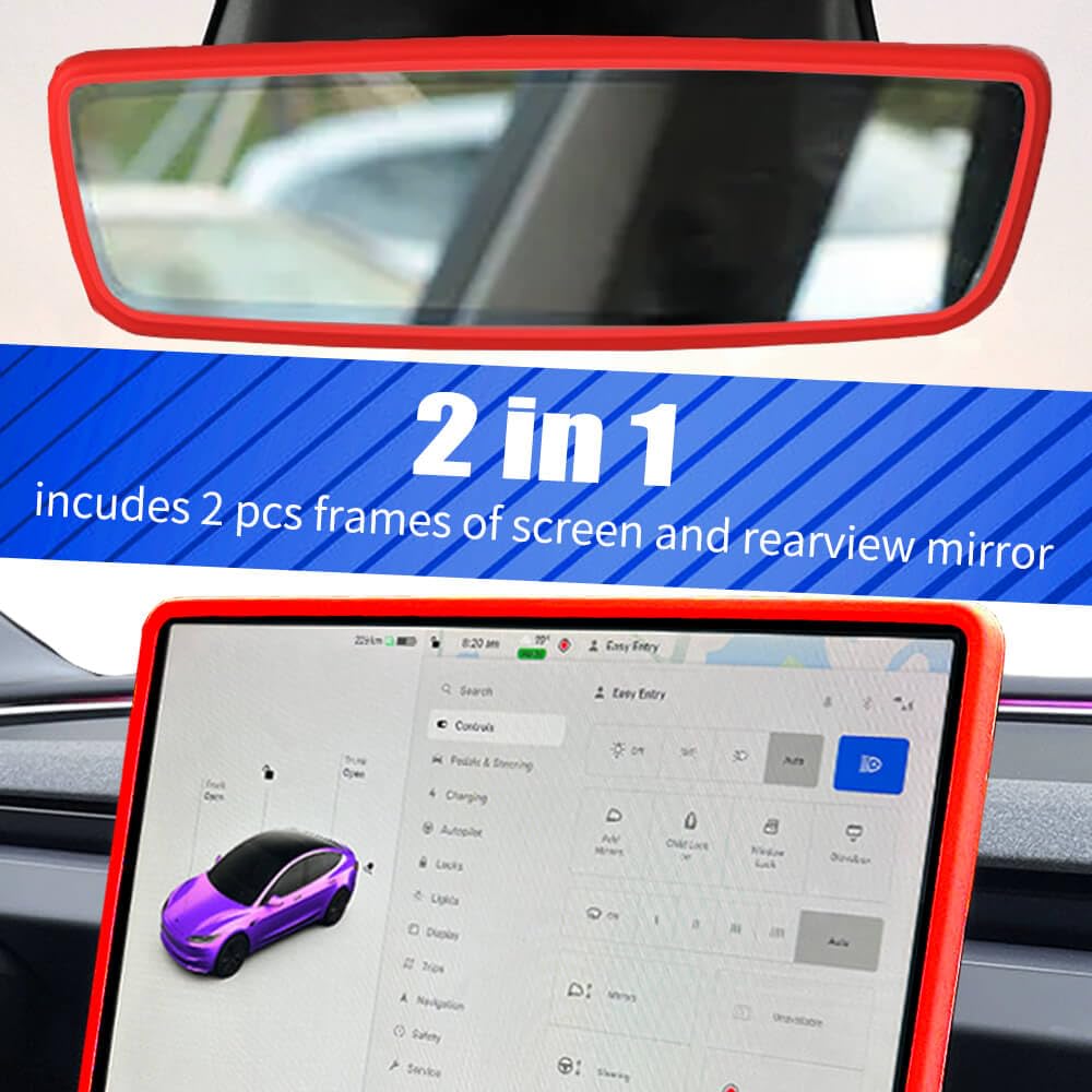Yeapop 2Pcs Silicone Protector Frames of Screen and Rear View Mirror for Tesla Model 3 2024 Highland and Model Y 2025 Juniper. (