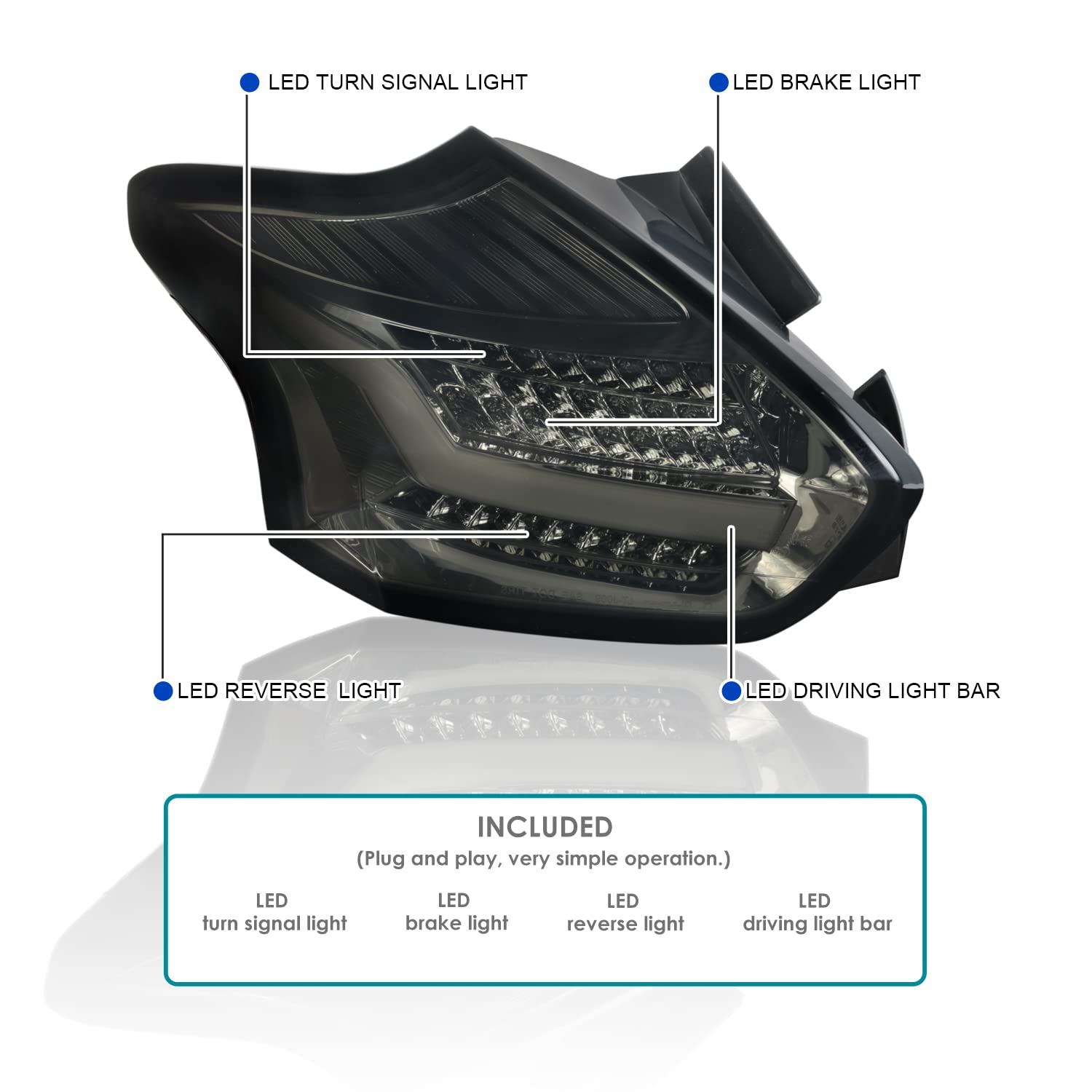 Spec-D Tuning Smoke Lens Led Bar Tail Lights Compatible With 2015-2018 Ford Focus Se/St/Titanium Hatchback, 2016-2018 Ford Focus Rs Hatchback, Left + Right Pair Assembly