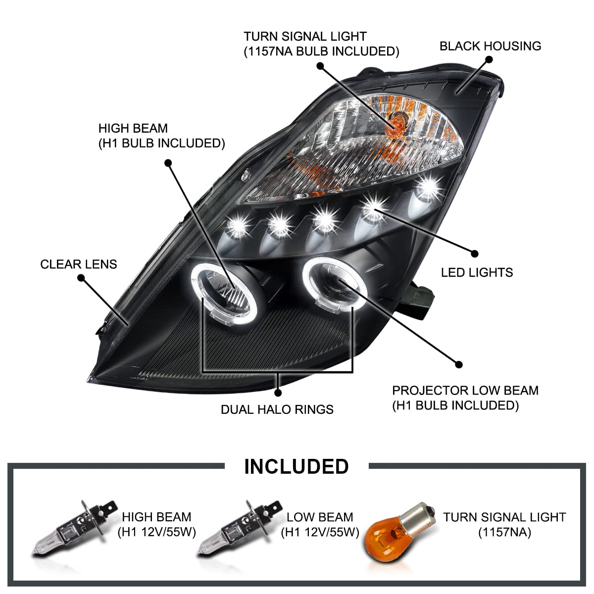 Spec-D Tuning Black Halo+Led Projector Headlights Compatible With 2003-2005 Nissan 350Z, Left + Right Pair Headlamps Assembly