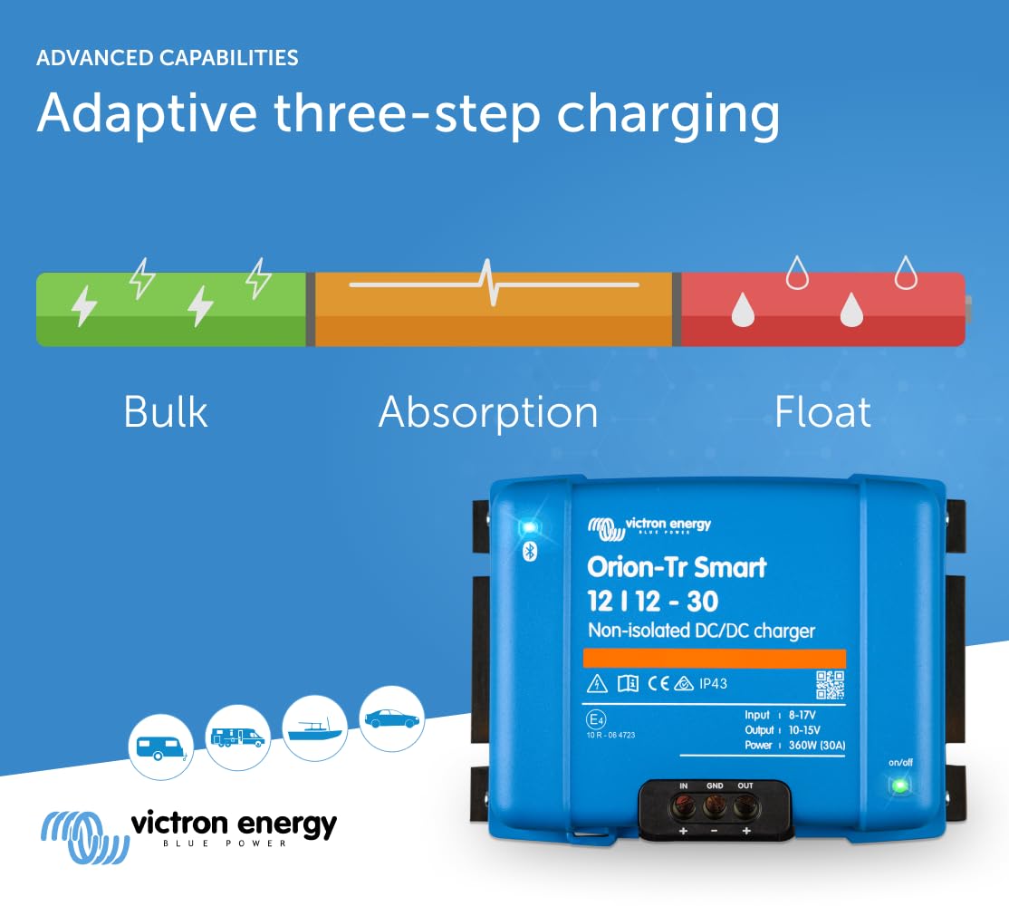 Victron Energy Orion-Tr Smart Dc To Dc Charger (Bluetooth) - 12/12-Volt 30 Amp 360-Watt - Battery Charger For Dual Battery Systems - Non-Isolated