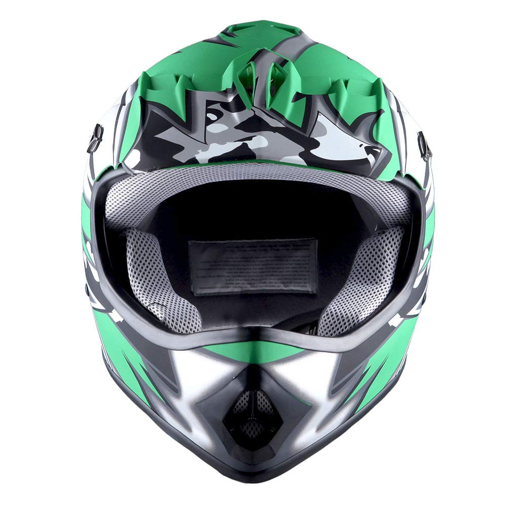 1Storm Youth Motocross Helmet BMX MX ATV Dirt Bike Helmet Matt Star Green + Goggles + MG Youth Green Glove Bundle