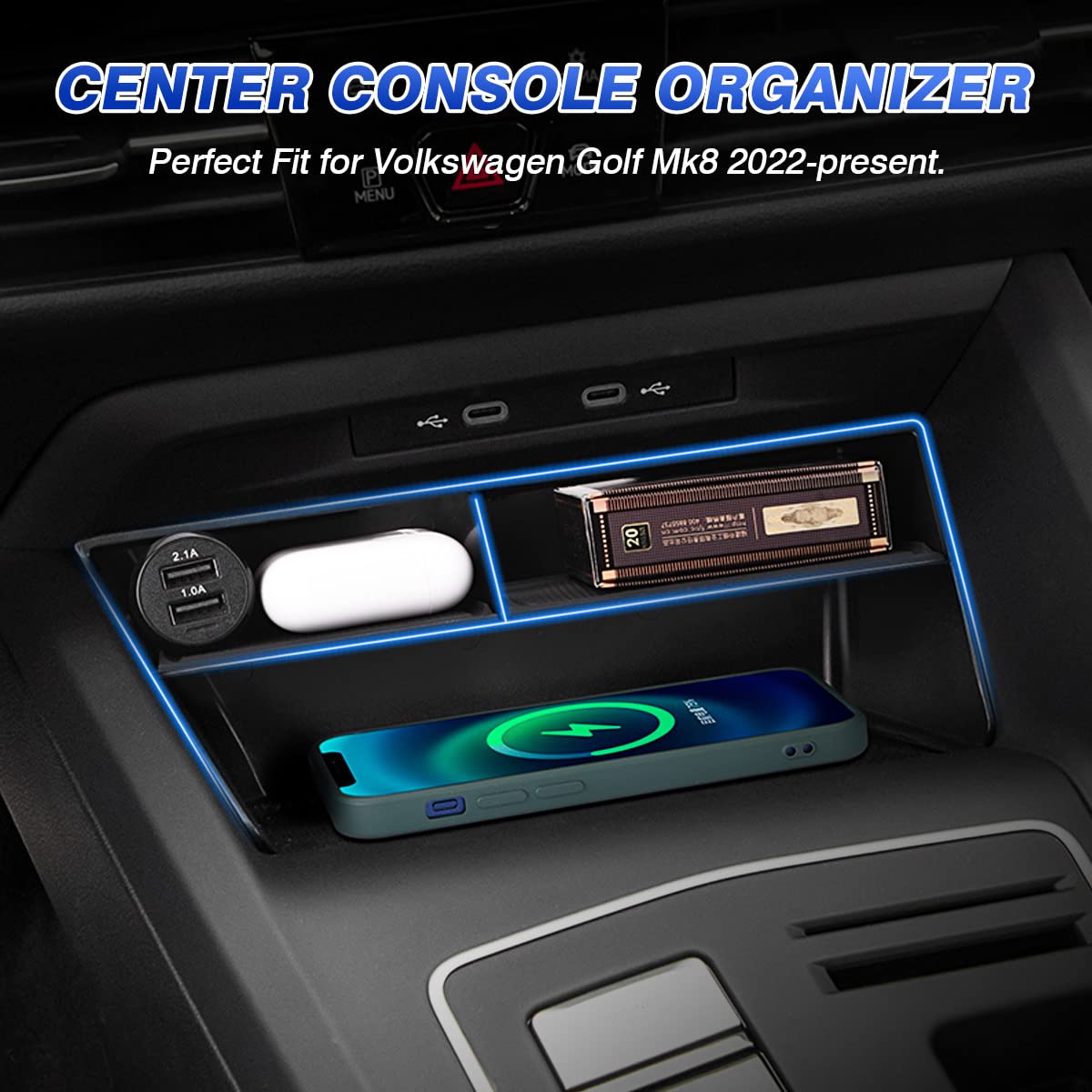 Karltys Center Console Organizer for VW Volkswagen Golf GTI R MK8 2022 2023 2024 2025 Accessories Center Console Insert Tray Sec