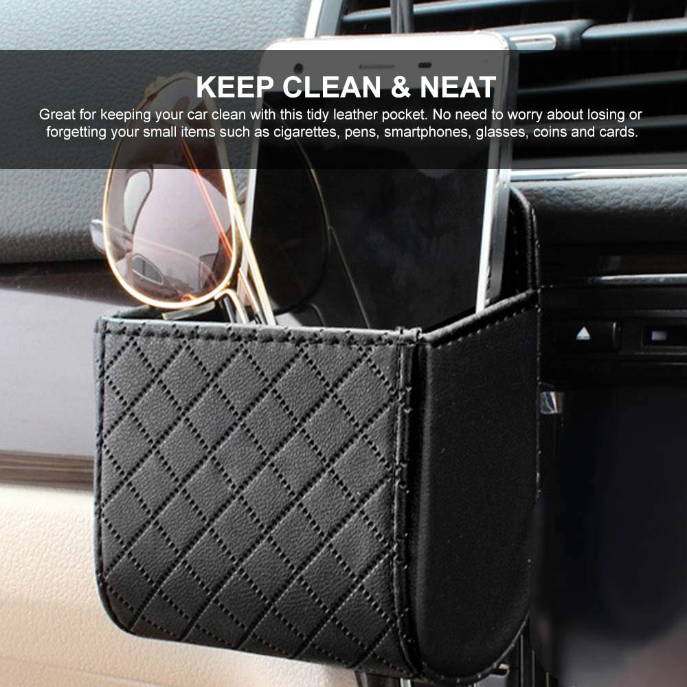 RED SHIELD Car Auto Air Vent Leather Tidy Storage Hanging Bag Case Organizer for Keys, Coin, Cell phone & Glasses. Universal Vehicle Small Bucket with Hook. Keep Your Car Clean & Organized. Black