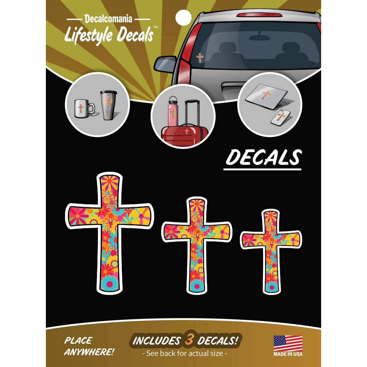 Decalcomania Retro Flower Cross Decals - Set Of 3 Vinyl Stickers For Car Or Truck Window- Colorful Religious Cross Sticker