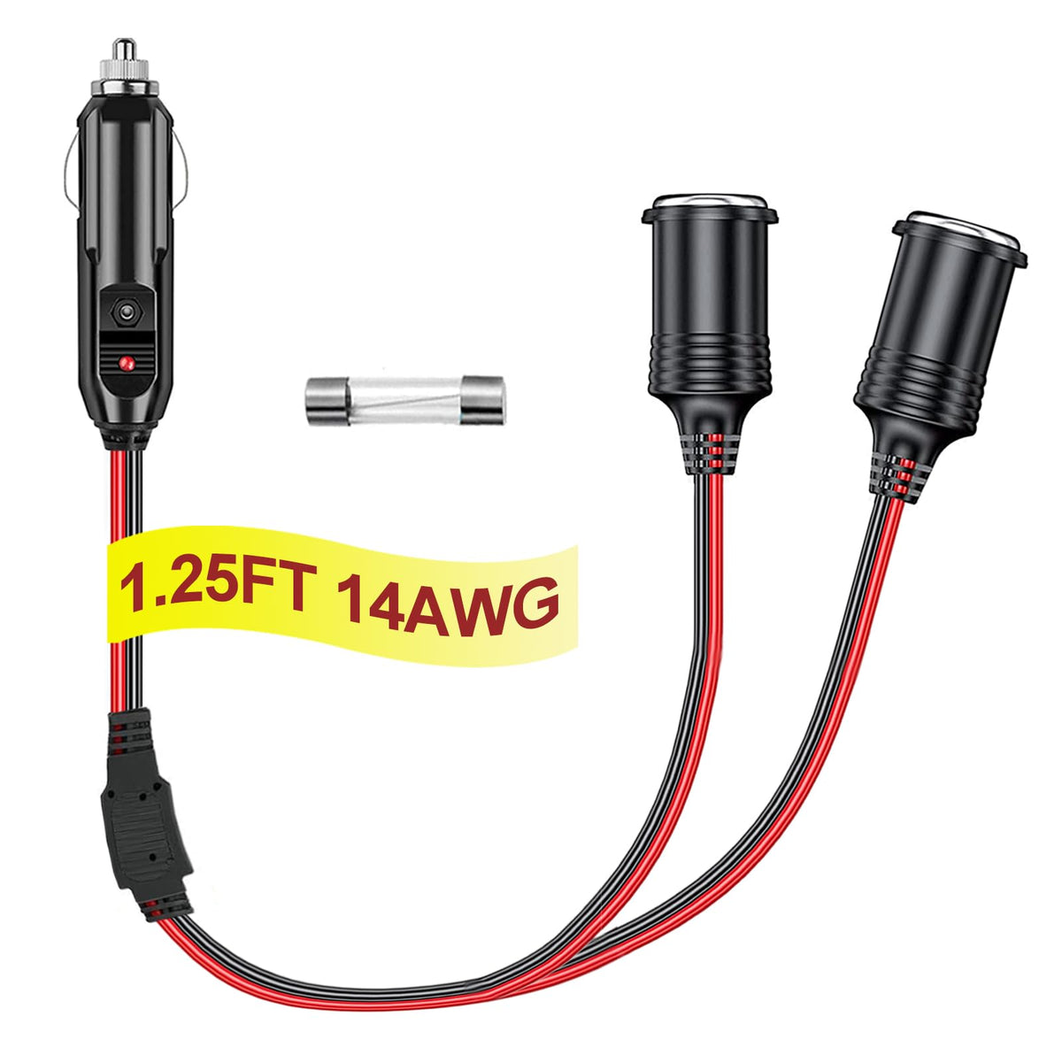 RWUJILONG 12V Cigarette Lighter Socket Splitter, 12 Volt Splitter 2 Socket 1.25FT Car Plug Splitter, Cigarette Lighter Splitter 