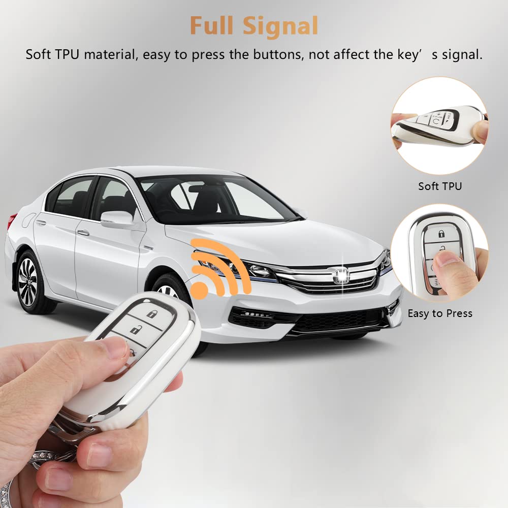 Pifoog Car Key Cover For Honda Civic 2022 Accessories Tpu Soft Keys Fob Shell Case 5 - Button Car Smart Keyless Entry Covers Glittering Keychain White Silver Girly Women