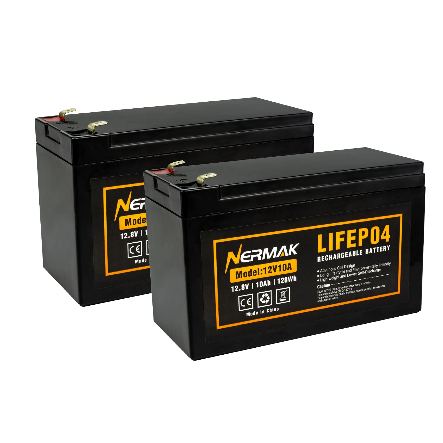 Nermak 2 Pack 12V 10Ah Lithium Ion Lifepo4 Deep Cycle Battery, 2000+ Cycles Rechargeable Battery For Solar/Wind Power, Ups, Scoo