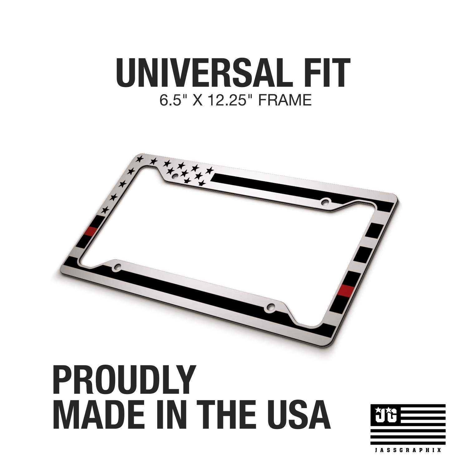 Jass Graphix American Flag License Plate Frame - Thin Red Line- Car Tag Frame -Red On White Firefighter