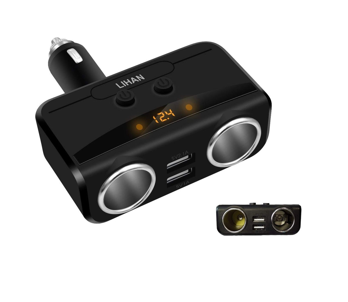 Lihan 2 Socket Cigarette Lighter Adapter, Car Charger Plug Splitter With Dual Usb Ports, 12V/24V Meter Monitor, Compatible With 