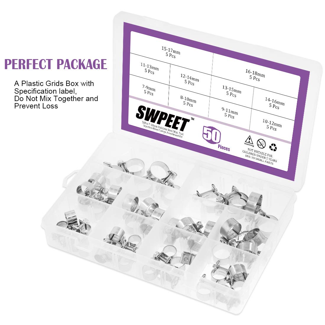 Swpeet 50Pcs 10 Sizes 304 Stainless Steel Mini Fuel Injection Line Style Hose Clamp Assortment Kit Perfect For Automotive, Agric