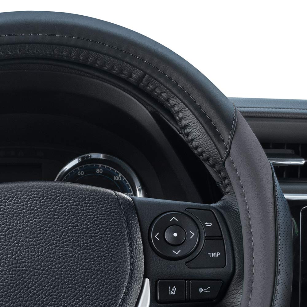 Motor Trend Sportdrive Faux Leather Steering Wheel Cover, Standard 15 Inch Size, Two-Tone Black & Dark Gray, Car Steering Wheel Cover For Truck Van Suv Auto