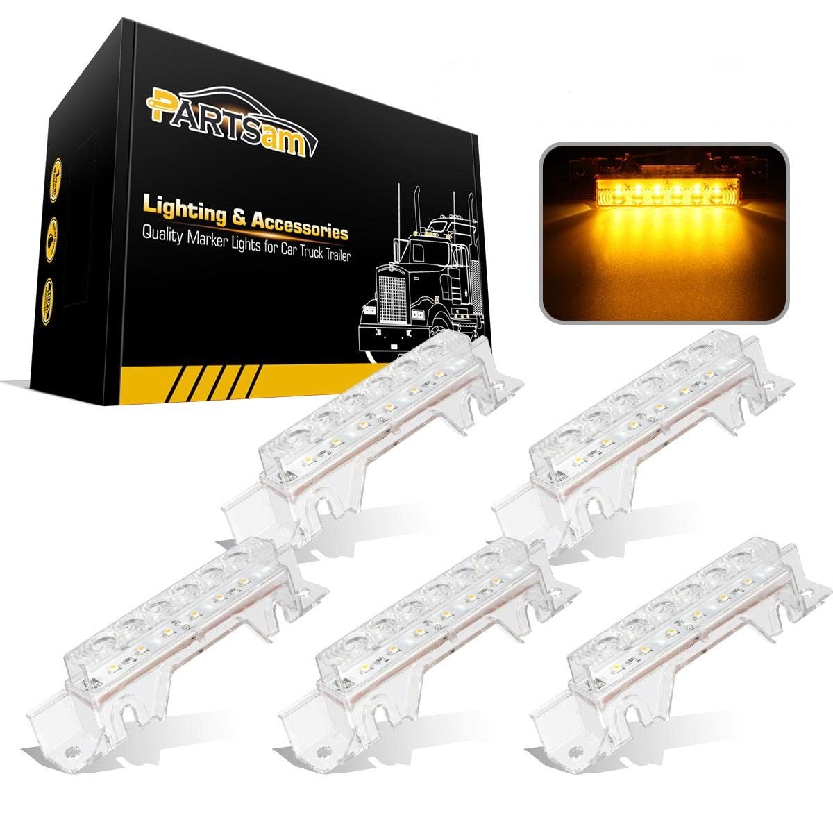 Partsam 5Pcs Clear Lens 6Led Amber Cab Light Truck Trailer Top Cab Marker Roof Running Light Waterproof Reflective Lights Assemb