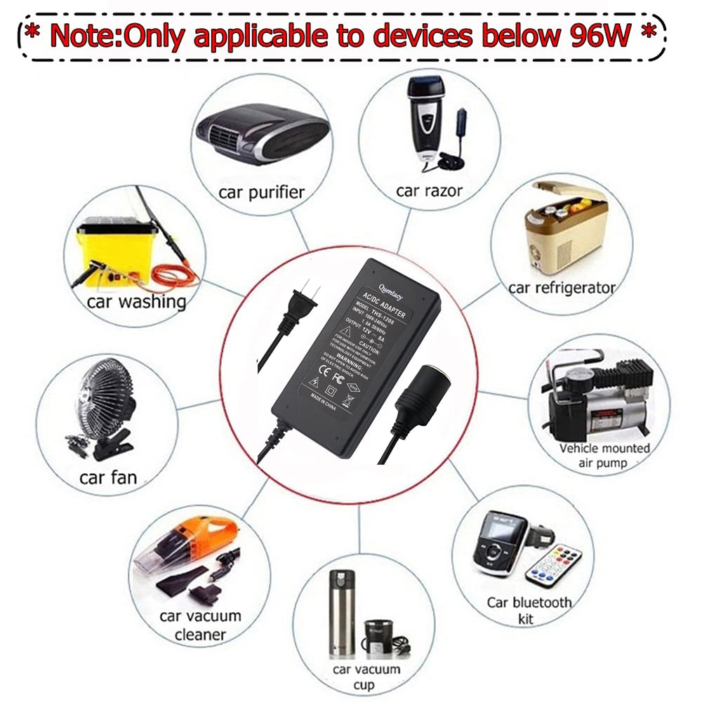 Quentacy AC to DC Converter 110V-220V to 12V 8A Cigarette Lighter Outlet Socket Wall Plug 96W Power Charger - Black