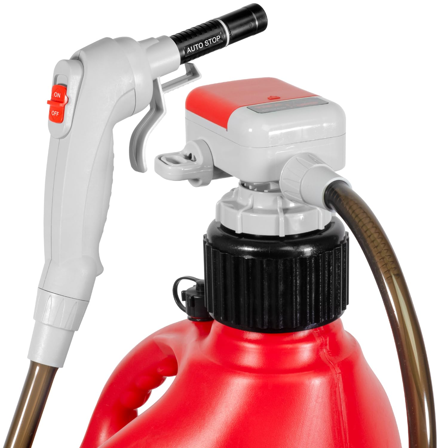 TERA PUMP TRFA03-XL Universal Gas Can Adapter Battery Powered Fuel Transfer Pump (2.3 GPM) No Spill Sensor, 4.27 ft Vinyl Hose, 
