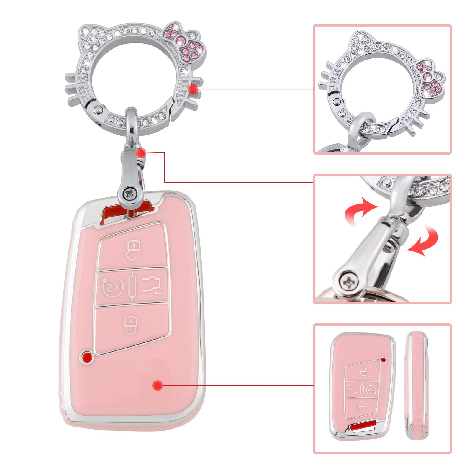Pangpai Pink Key Fob Cover for VW Volkswagen, Soft TPU Key Case Protection with Bling Keychain Fit for Tiguan Atlas Jetta Passat