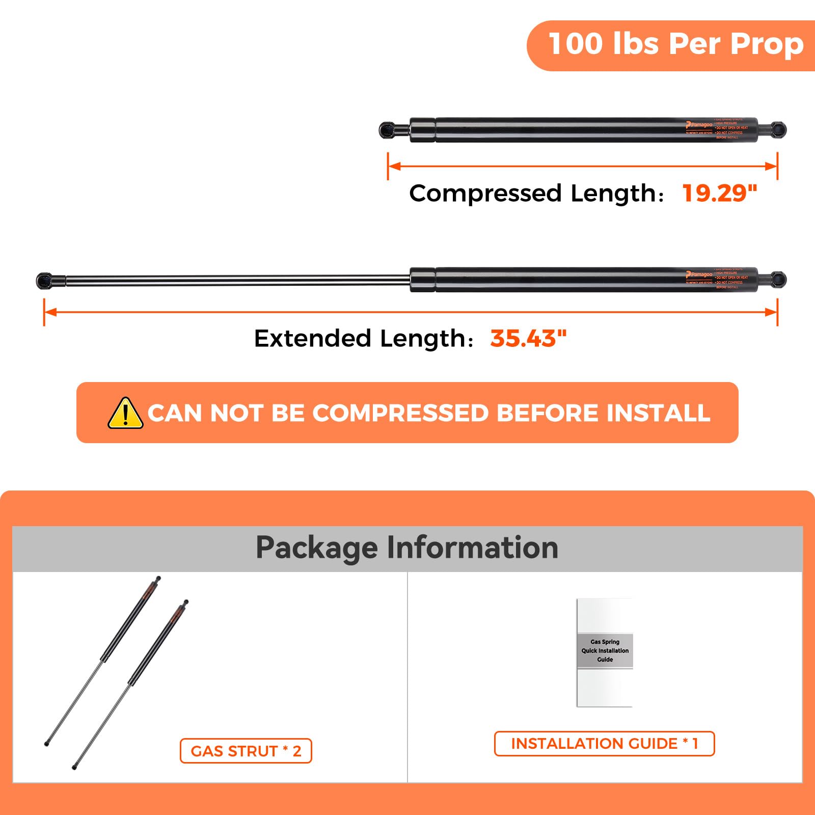 Pamagoo C1615953 35 Inch Gas Strut 100 Lbs Shock, 35.43'' Long Gas Spring Prop Lift For Truck Undercover Tonneau Cover Pick-Up H