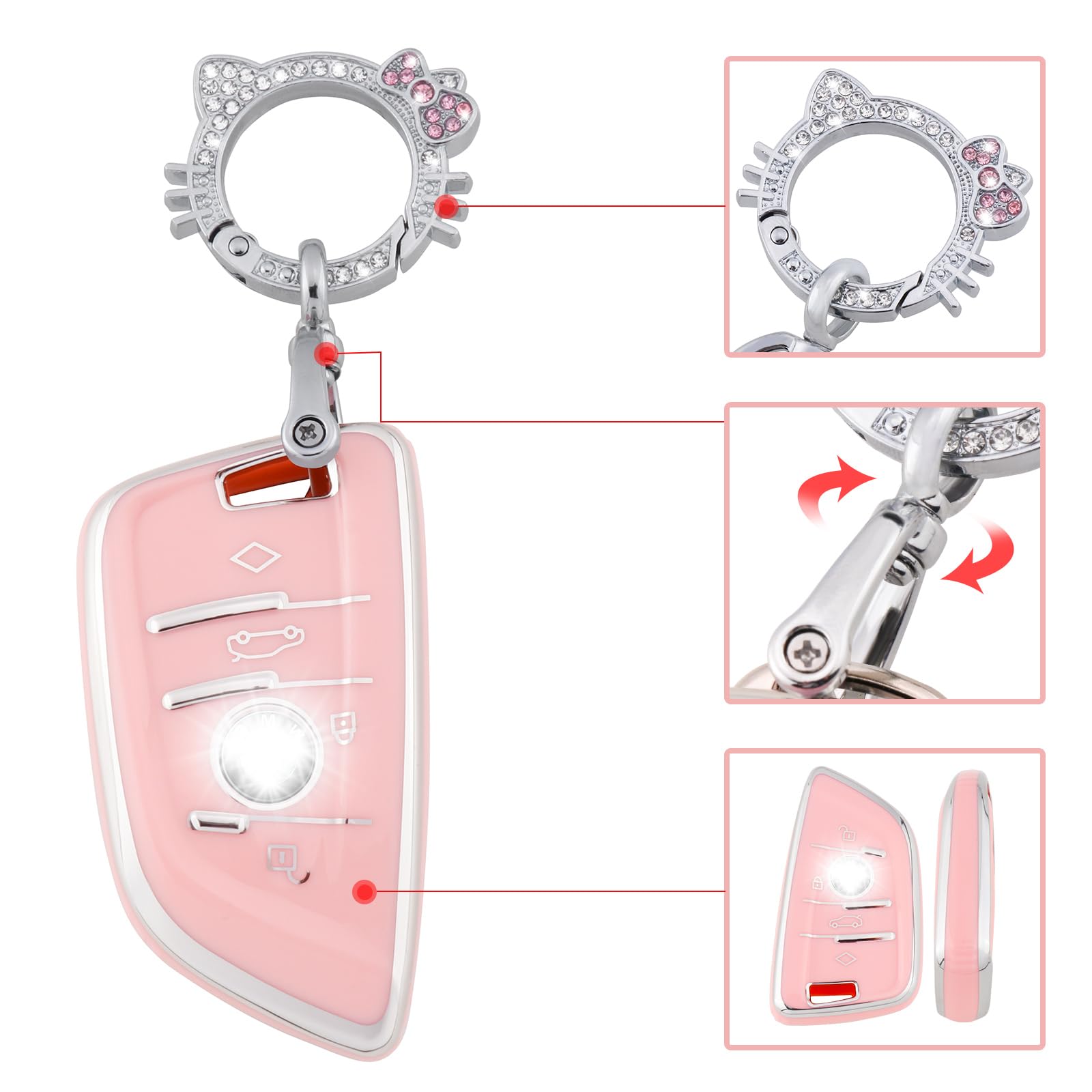 Pangpai Pink Key Fob Cover for BMW, Soft TPU Key Case Protection with Bling Keychain Fit for BMW X1 X2 X3 X5 X6 X7 and Series 1