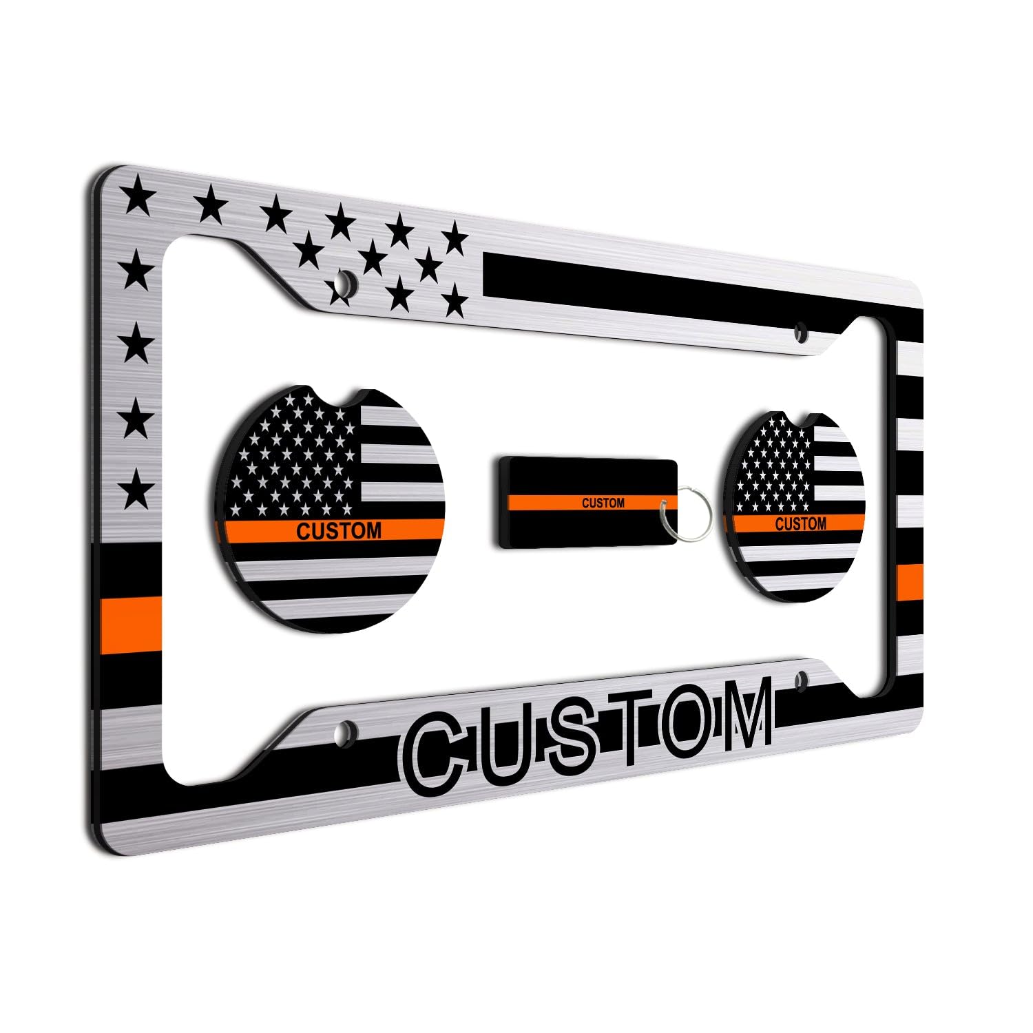 Thin Orange Line - Personalized American Flag License Plate Frame + 2 Coasters And A Keychain