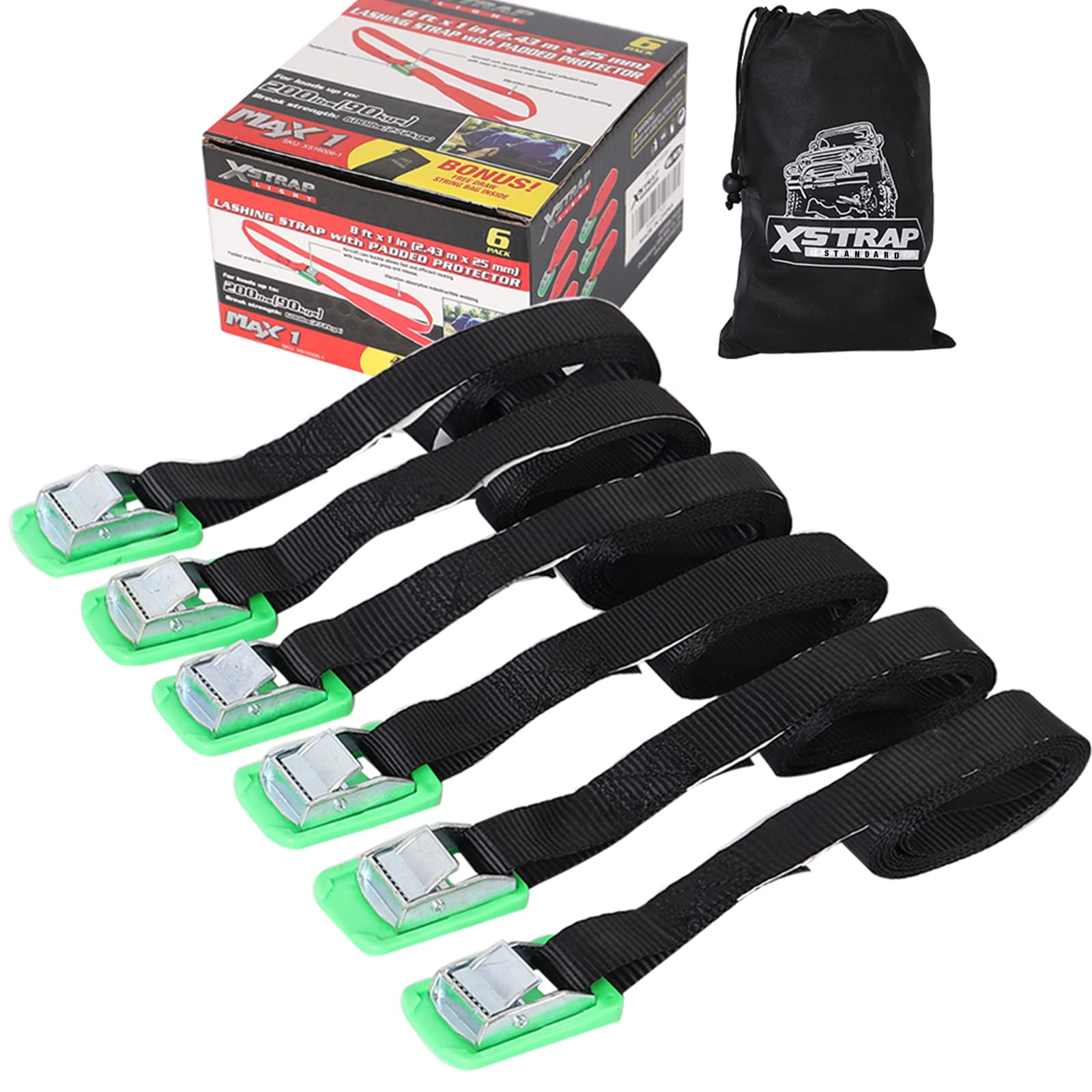 Xstrap Standard Padded Cam Lock Buckle 6Pk 8Ft Powersports Tie-Downs Black Lashing Straps, Come With A Drawstring Bag, For Securing Cargo, Luggage, Kayak