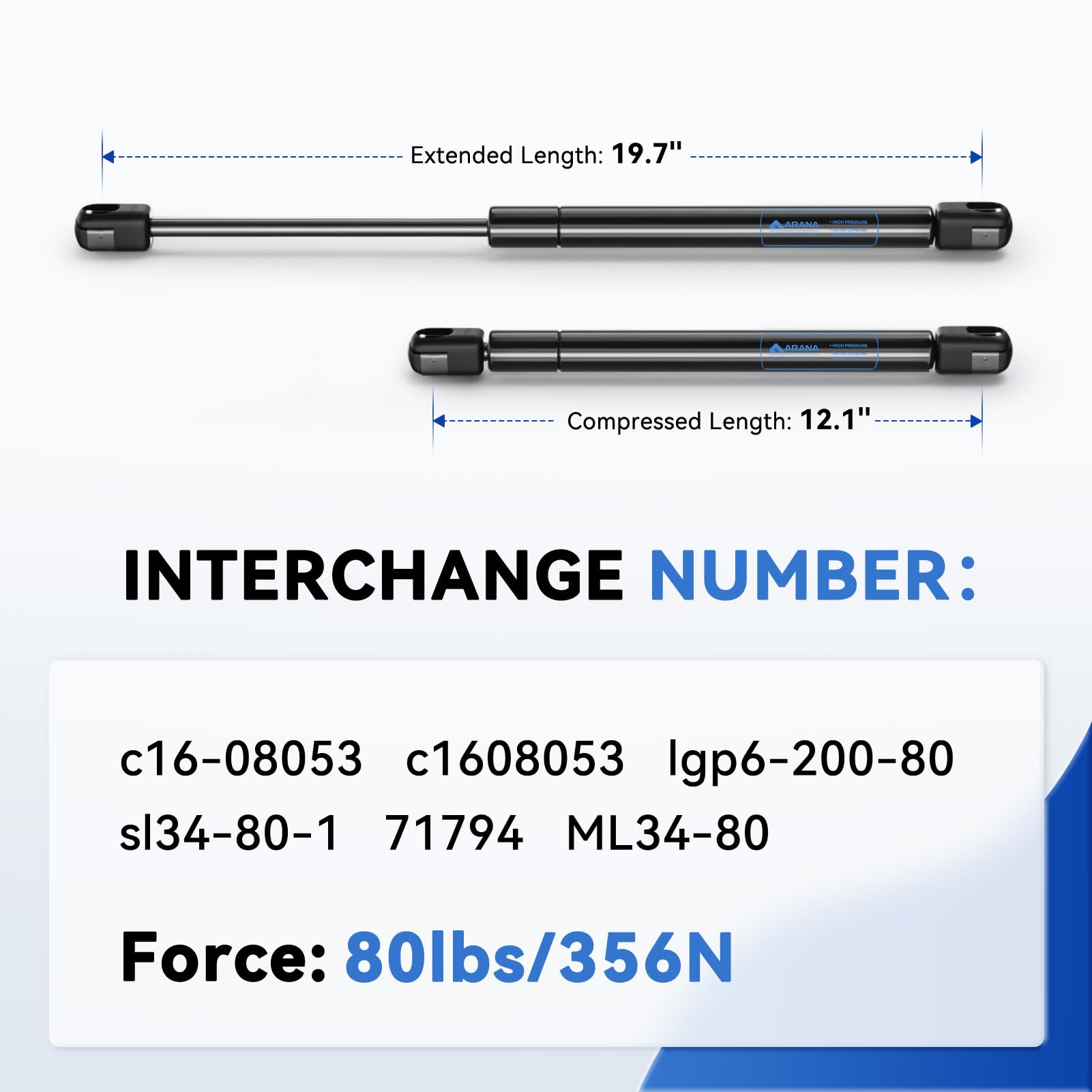 C16-08053 20 inch 80 lb Gas Strut Spring Shocks, 71794 20'' 80 Pounds for Tanning Bed RV Bed Tonneau Cover Boat Hatch Engine Cov