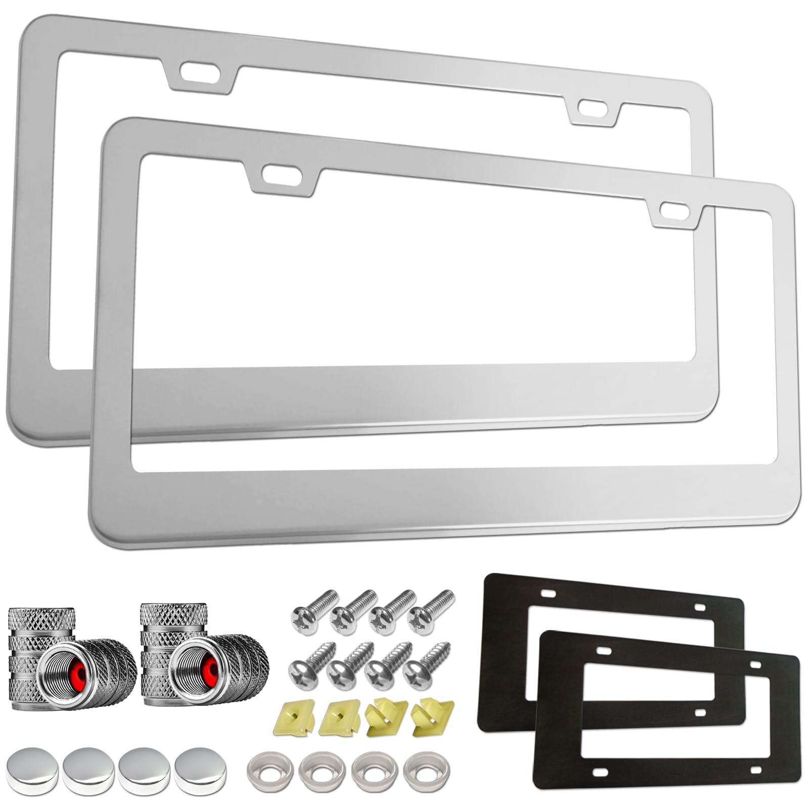 Aootf Stainless Steel License Plate Frames- Heavy Duty Polish Mirror Car Tag Cover With Chrome Screw Caps, 2 Hole 2 Pack Front &