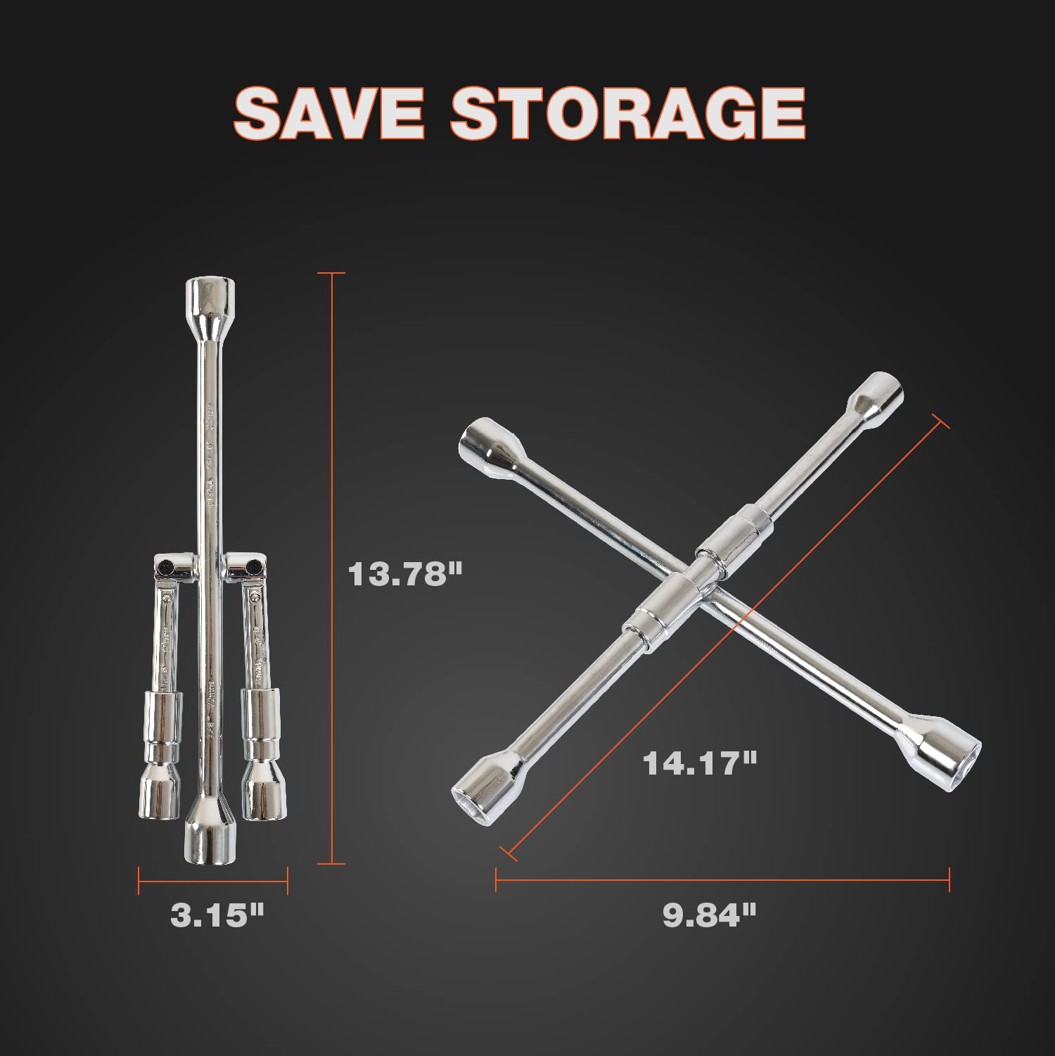 Jack Boss Folding Lug Wrench 4 Way,14-Inch Sae + Metric Tire Cross Wrench Universal And Foldable Wheel Wrench For Car,Trucks