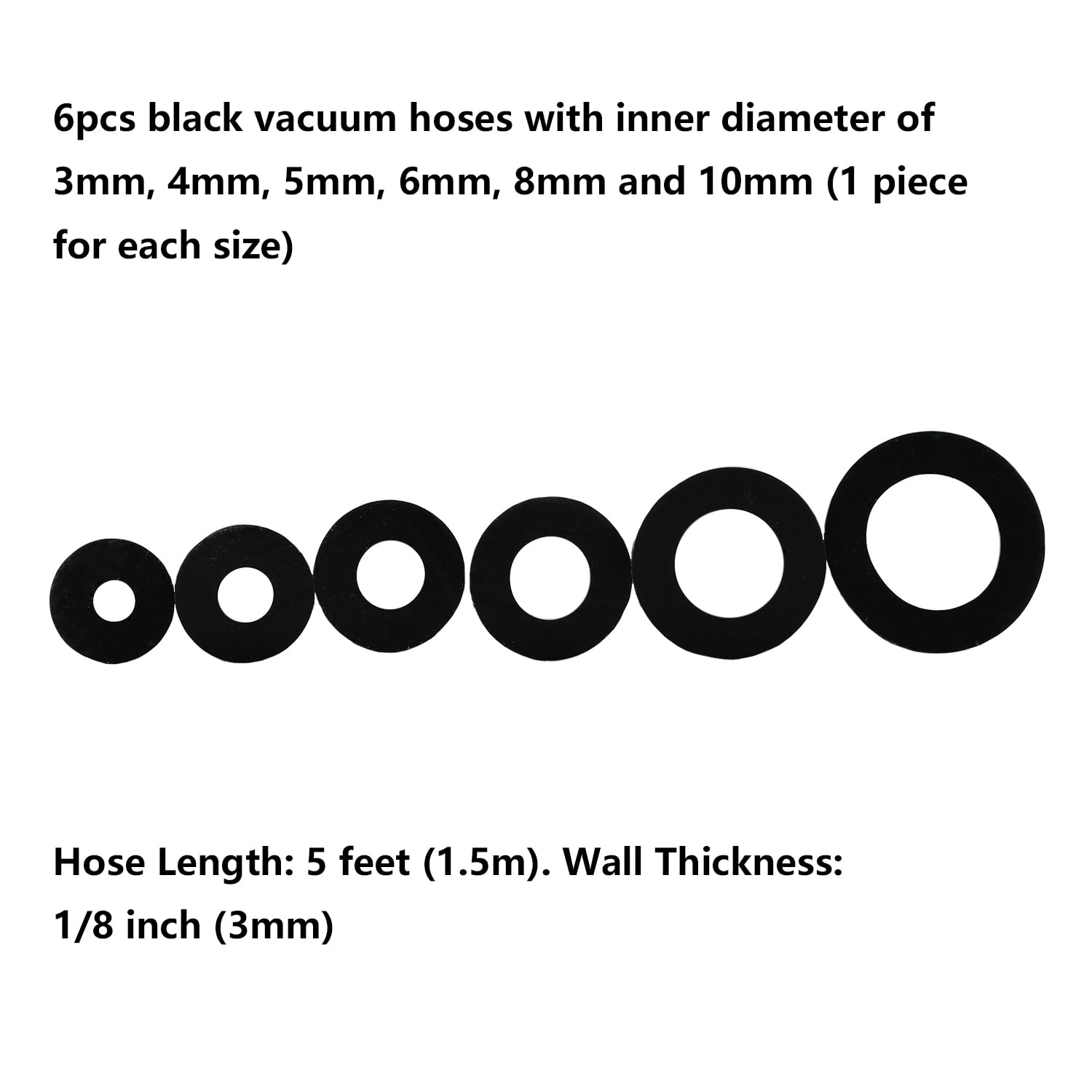Ucreative 5FT Automotive Silicone Vacuum Tubing Hose Kit, 6PCS, 1/8-3/8, Black - Ideal for Air and Water Applications