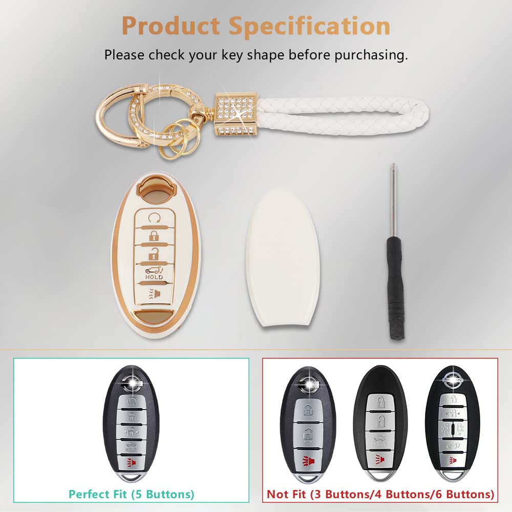 Pifoog Accessories For Nissan Key Cover Tpu Car Keys Shell Chain Waterproof Fit Nissan Altima Sentra Rogue Pathfinder Murano Armada Maxima Versa Remote Key White Girly