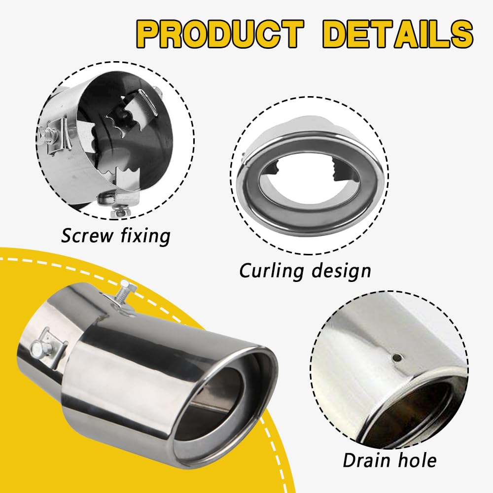 HEVLE Stainless Steel Car Exhaust Tip, Muffler Tip, 2.5'' to 3.3'' Adjustable Chrome-Plated Finish Exhaust Tailpipe, Universal R