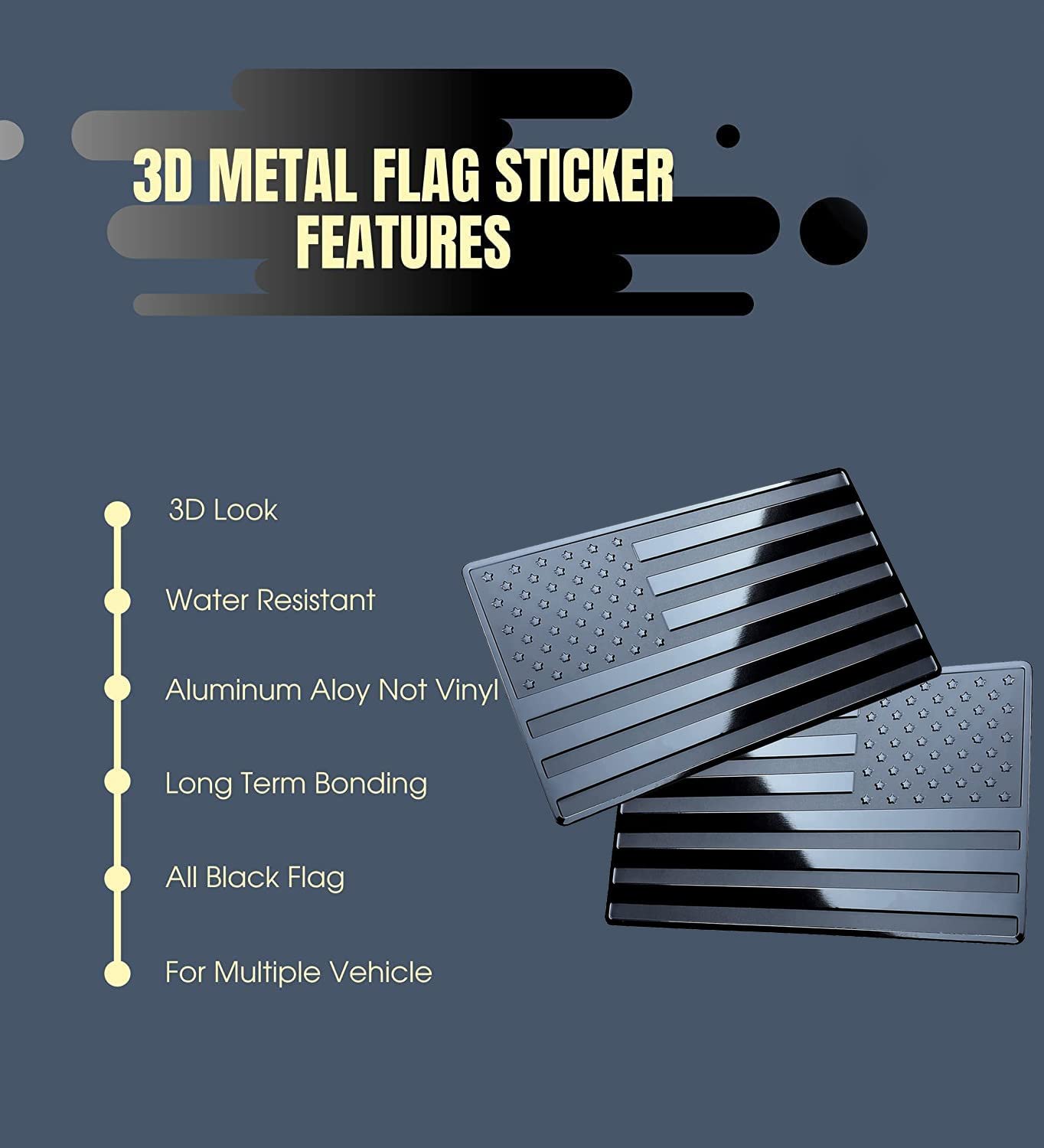 Lycaresun 2 Pcs Embossed 3D Metal Black American Flag Emblem Sticker, 5''X3''Usa Flag Decal For Cars Trucks Suv Laptop Wall (Lar