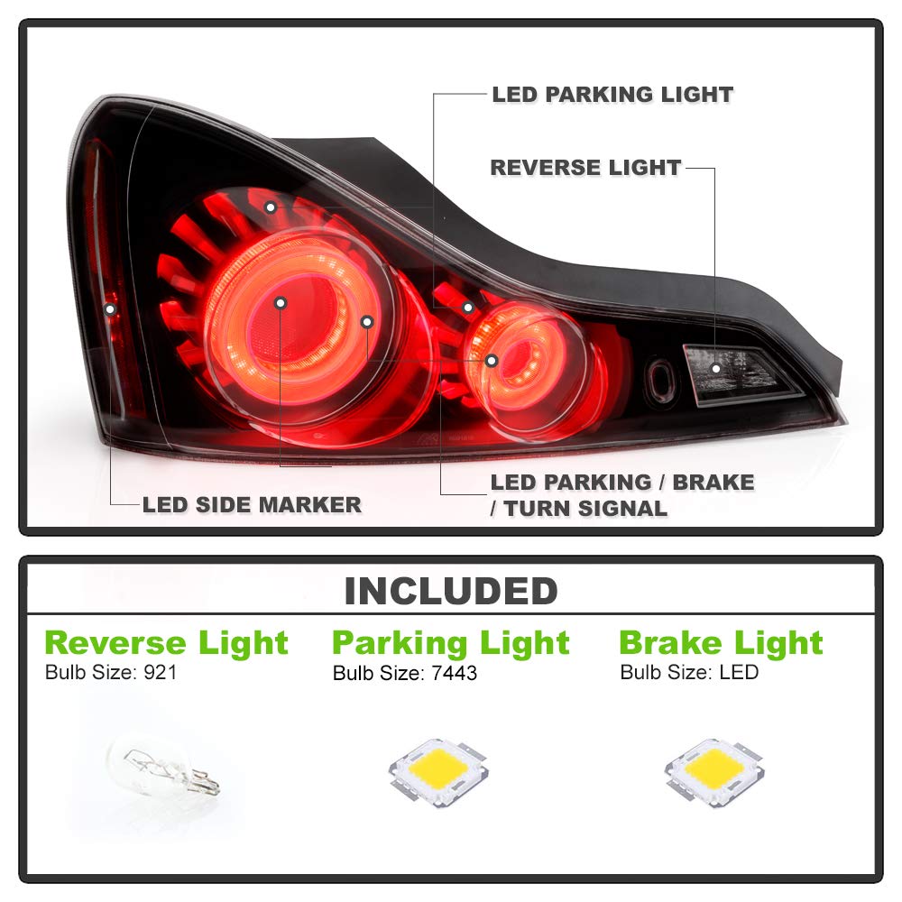 ACANII - For 2008-2013 Infiniti G37 / 14-15 Q60 Coupe Black Housing Smoked Lens 3D LED Tube Tail Lights Lamps Assembly