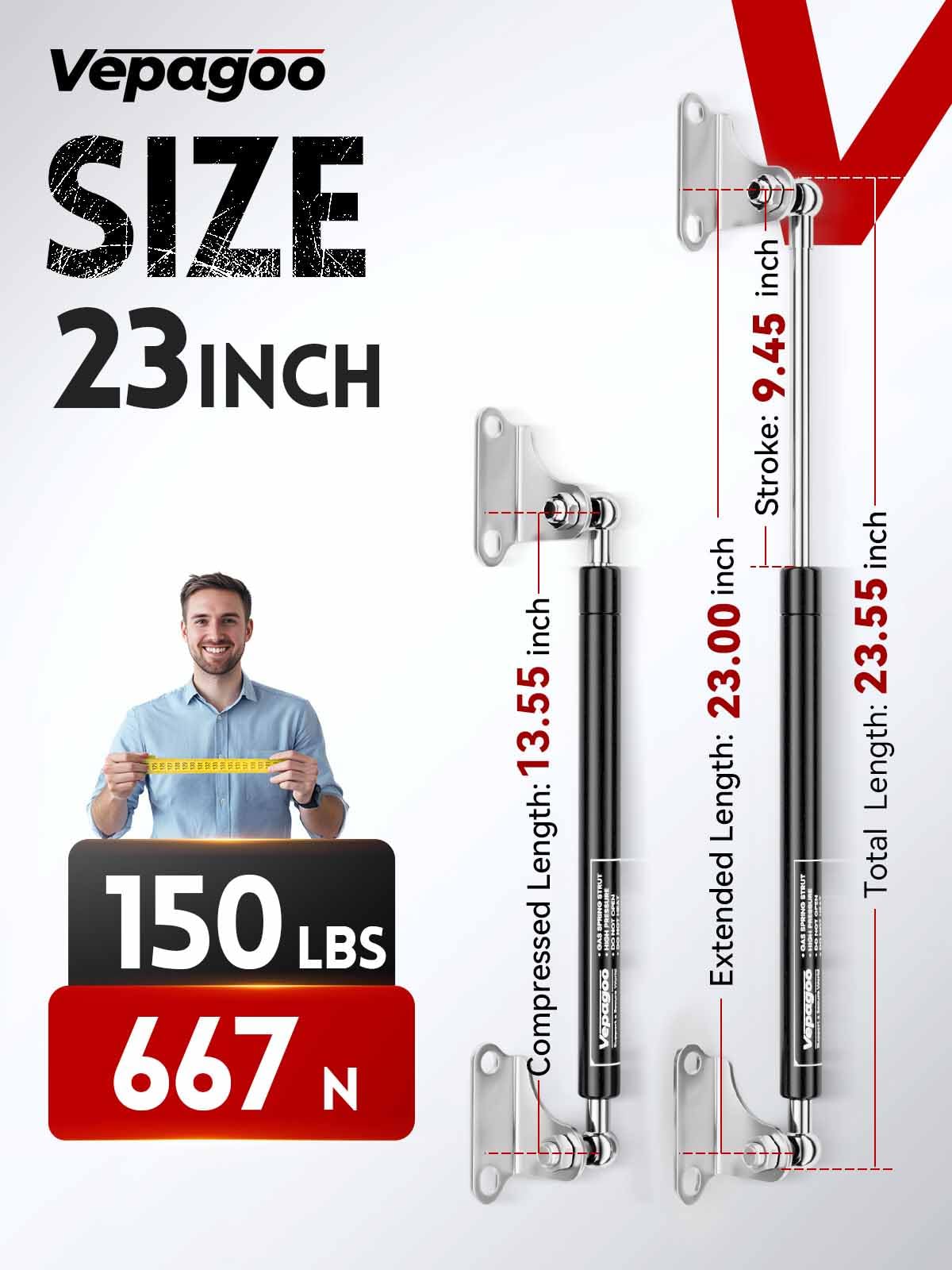 Vepagoo 23 Inch 150Lb/667N Gas Struts Shock With Mounting Brackets, Lift Supports For Rv Bed Storage Trailer Basement Door Box C