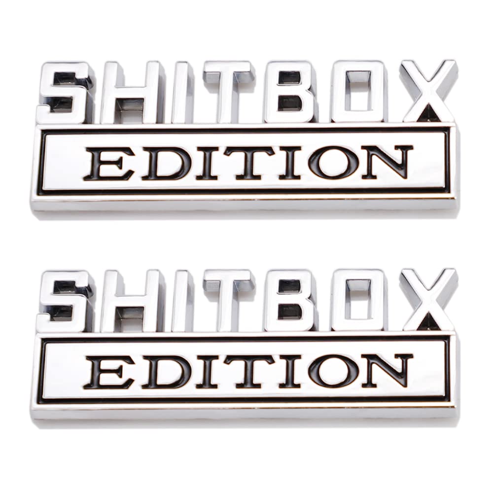 2 Pcs SHITBOX Edition Emblem Car Side Rear Front Hood Trunk Door Badge 3D Decal Sticker for Car Truck SUV (SHITBOX, Silver Black