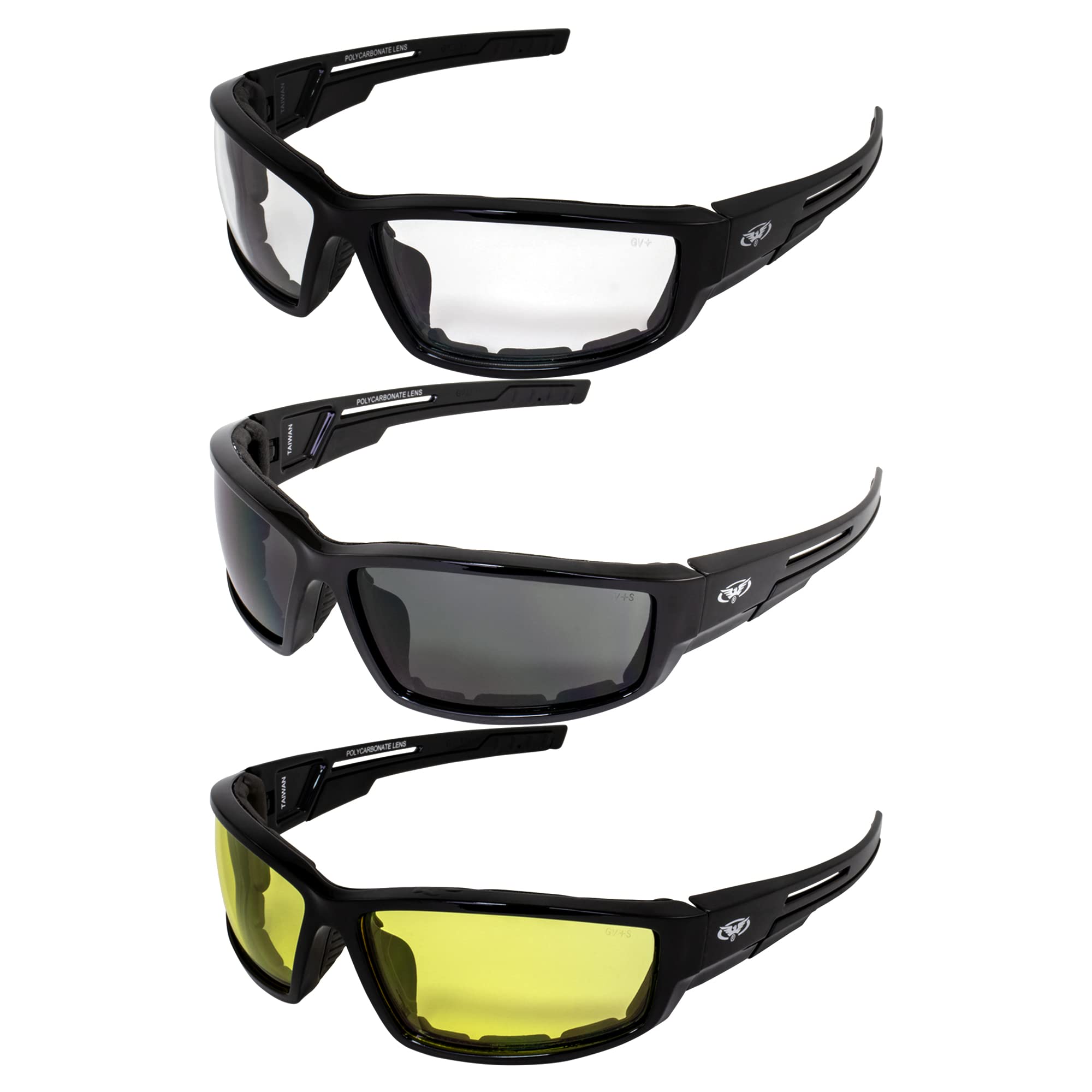 Global Vision Sly Padded Motorcycle Sunglasses Black Riding Glasses For Men Or Women (Clear Smoke & Yellow)