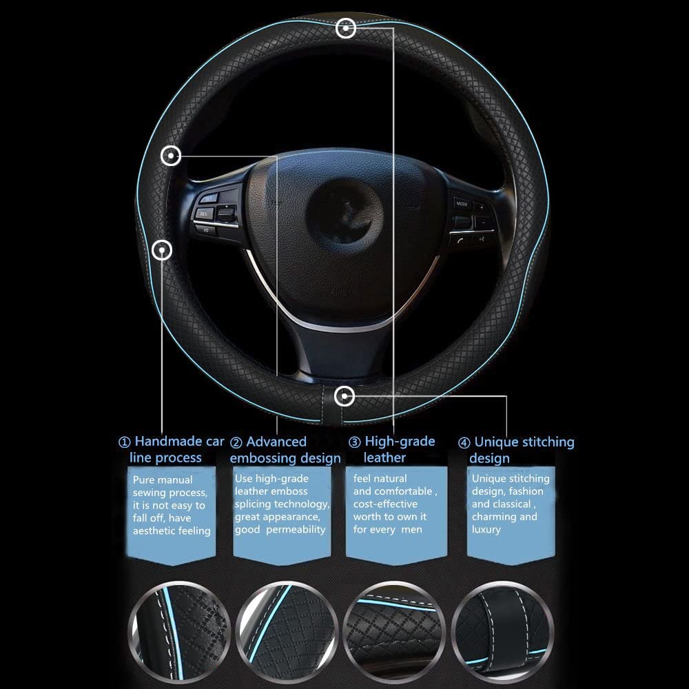 Car Steering Wheel Cover,Anti-Slip, Safety, Soft, Breathable,Heavy Duty, Thick,Full Surround,Sports Style (Black With Light Blue