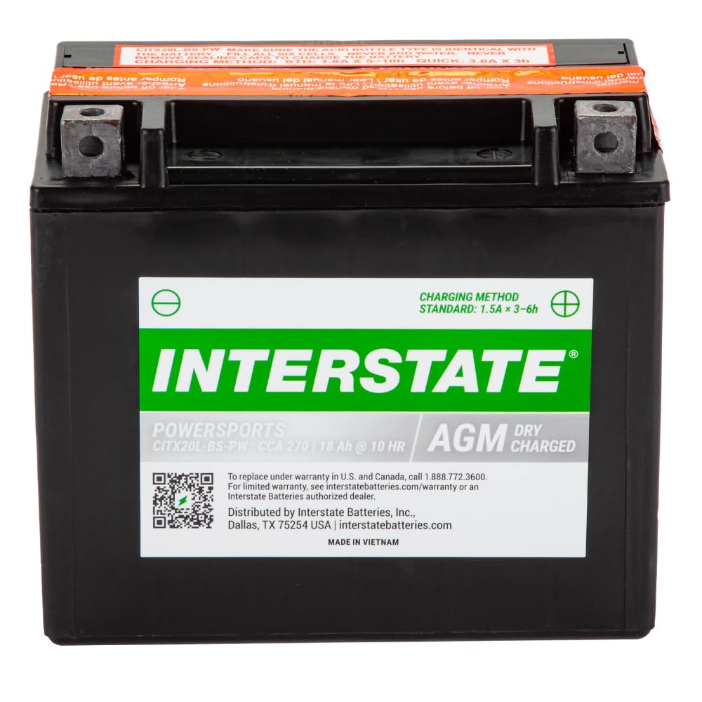 Interstate Batteries Ytx20Hl-Bs 12V 18Ah Powersports Battery 270Cca High-Performance Agm Rechargeable Replacement For Motorcycle