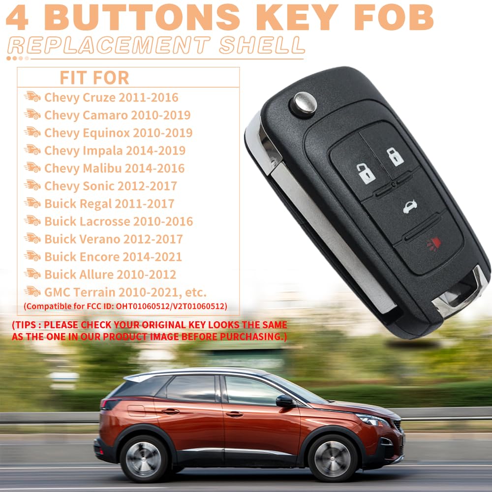4 Button Key Fob Keyless Entry Remote Shell Case Replacement For Chevy Cruze Equinox Camaro Impala Malibu Sonic Buick Regal Vera